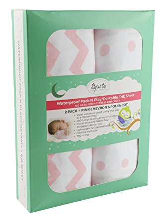 Waterproof Pack N Play Sheet | Mini Crib Sheet Set with Mattress Pad Cover Protection 2 Pack Pink Chevron and Polka Dots for Baby Girl by Ely's & Co