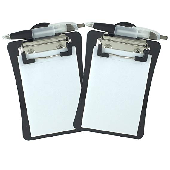 Clipco Mini Clipboard with Magnetic Back Includes Paper Pad and Pen (2-Pack) (Black)