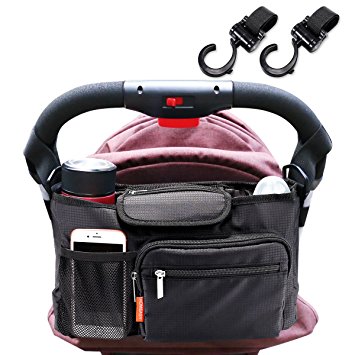 STROLLER ORGANIZER with 2 EXTRA HOOKS Fits All Strollers Baby Diapers Bag with Deep Cup Holder and Long Shoulder Strap Extra-Large Storage Space for Phones, Wallets, Diapers, Toys, Books, ipads