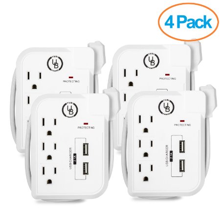 Yubi Power 3 Vertical Outlet Power Plug Surge Protector - 2 USB Charging Ports 21A 300 Joules with Cord Management - ETL Listed - 4 Pack