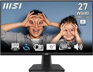 MSI PRO MP275Q 27" Eye Care Ergonomic Business Computer Monitor, WQHD 2560x1440, IPS, Frameless, 100Hz, 1ms, Tilt Compatible, 2xHDMI&DP Port, Built-in Speakers, VESA, Black, 3 Year Warranty