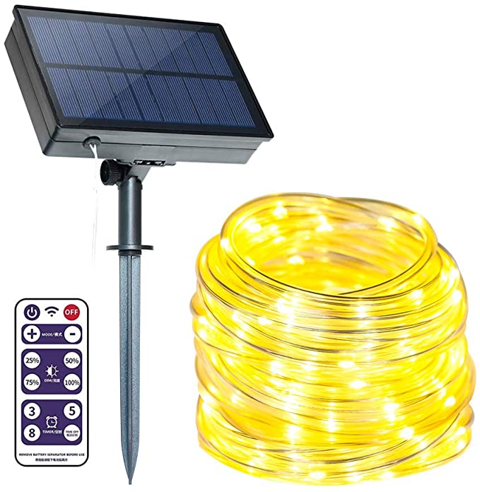 Solar Rope Lights Outdoor, IP67 Waterproof 66ft 200leds Solar Powered String Lights, 8 Modes Dimmable/Timer Remote LED Rope Lights with 3.7V/1500mAh Solar Lights for Patio Garden Decor, Warm White