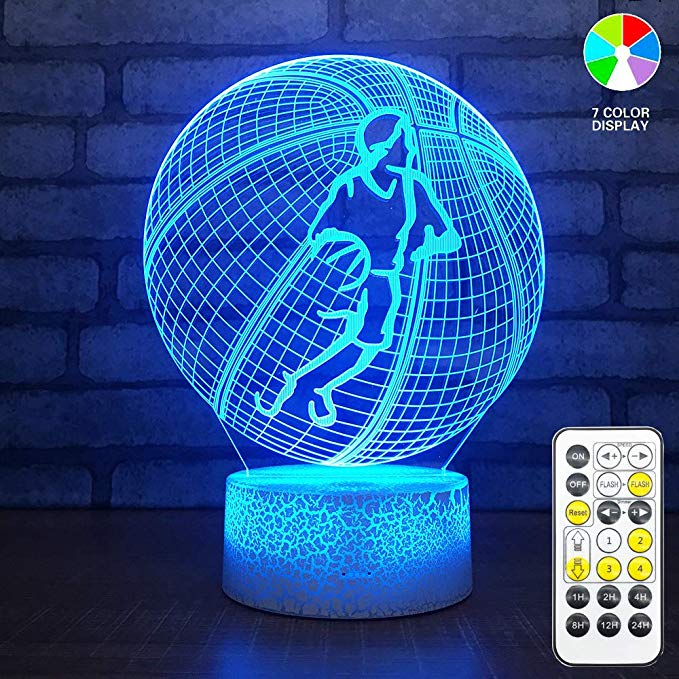 3D Illusion Basketball Night Light Lamp,7 Colors Changing, Acrylic Flat & ABS Base&USB Cable,Touch Switch and Remote Control，Great Gift for Kids Family Friends and Home Decoration Light