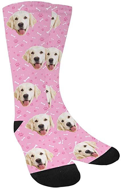 Custom Personalized Photo Pet Face Socks, Cat and Dog Tracks Paws Bones Crew Socks with Picture for Men Women