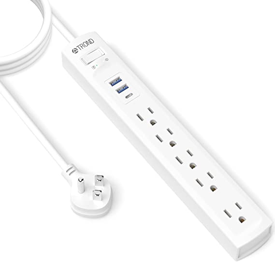 Power Strip Surge Protector - TROND 10ft Long Extension Cord with 3 USB Charger (1 USB C Port), Thin Flat Plug, 5 Widely AC Outlets Wall Mountable for Home, Office, Travel, Dorm Room Essentials