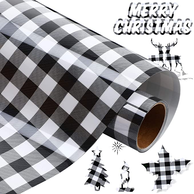 Christmas Buffalo Plaid Iron-on Plaid Vinyl Heat Transfer Vinyl HTV for DIY Clothing T-Shirts, Hats Compatible with Cameo, Heat Press Machines, Sublimation (Black White,12 in x 5 ft)