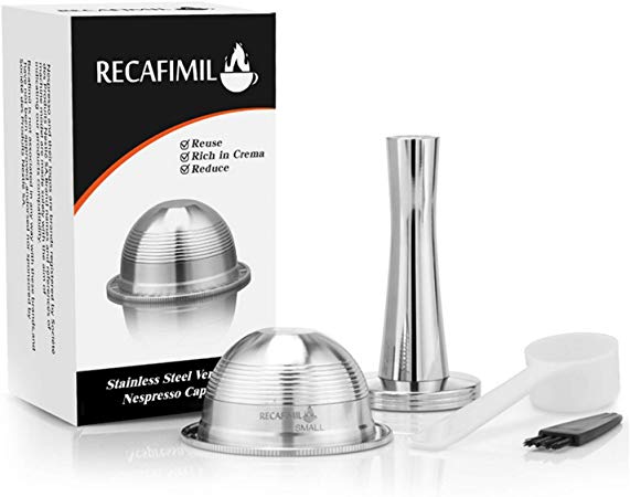 Refillable Reusable Stainless Steel Capsule Filter Cup Tamper Set with Spoon Brush Compatible with NESPRESSO Vertuoline GCA1 Delonghi ENV135 Coffee Maker