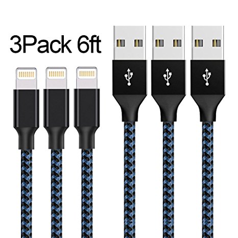 XUZOU iPhone Cable,3Pack 6FT Nylon Braided Lightning Charger to Cable Data Syncing Cord Compatible with iPhone 7/7 Plus/6/6 Plus/6s/6s Plus/5/5s/5c/SE and more (Black&Blue)