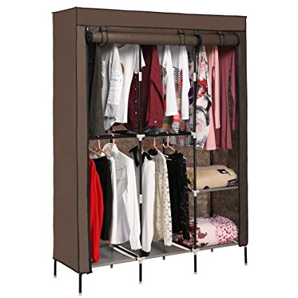 Aceshin Portable Wardrobe Fabric Double Rod Clothes Closet Storage Organizer Cabinet (Coffee)