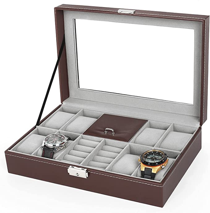 NEX Watch Box, 8 Slots Lockable Leather Watch Case Organizer with Ring Storage for Women Men (brown)