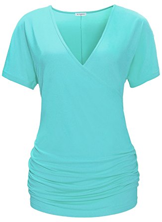 Bulotus Women's Sexy V Neck Short Sleeve Wrap Front Side Shirring Blouse Top