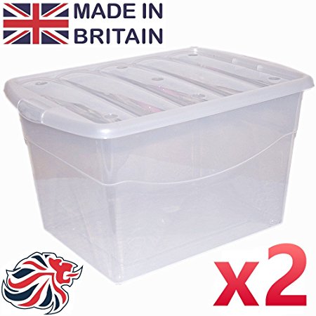 CrazyGadget® 100L 100 Litre Extra Large Big Plastic Storage Clear Box Strong Stackable Container - Made In U.K. - Pack of 2