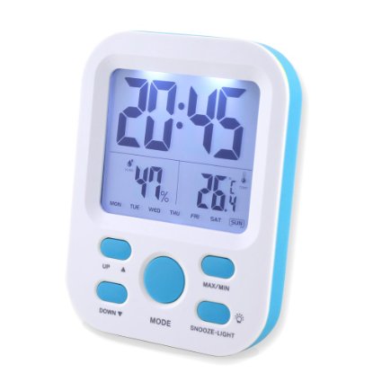 Samshow Digital Desk Clock with Stand/12h or 24h/Temperature(C/F)/Humidity/Calendar Display, Snooze/Smart Nightlight Function (Blue)