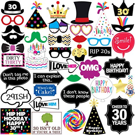 30th Birthday Photo Booth Party Props - 40 Pieces - Funny 30th Birthday Party Supplies, Decorations and Favors
