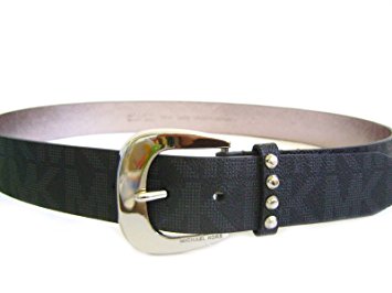 Michael Kors Mk Signature Logo Jaquard Black Belt Silver Buckle Astor Stud Loop Size Large