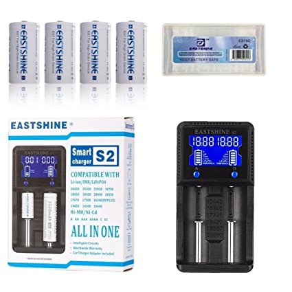 Universal Battery Charger & E07 16340 Battery, EASTSHINE S2 LCD Display Speedy Smart Charger for Rechargeable Batteries Ni-MH Ni-Cd AA AAA Li-ion LiFePO4 IMR 10440 14500 16340 18650 RCR123 26650