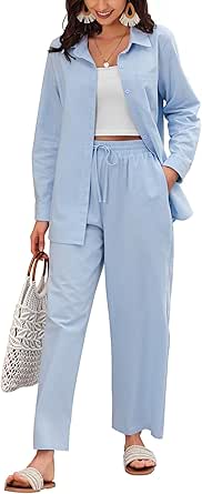 Zeagoo Women Linen Suit Two Piece Outfits Summer Beach Linen Shirt and Pants Set