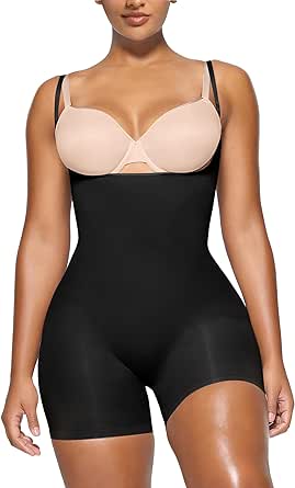 YIANNA Shapewear for Women Tummy Control Bodysuit Open Bust Mid Thigh Seamless Sculpting Body Shaper