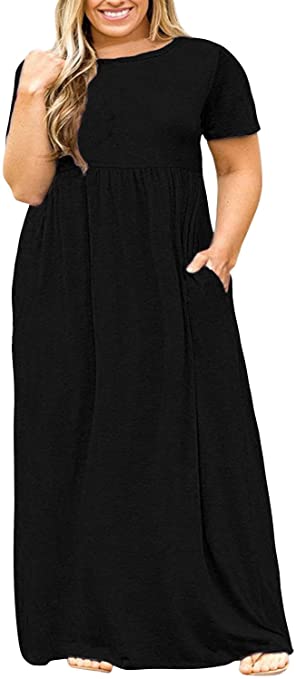 Nemidor Women Short Sleeve Loose Plain Casual Plus Size Long Maxi Dress with Pockets