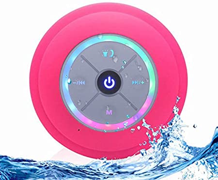 JUSTOP Rainbow LED Bluetooth Shower Speaker With FM Radio, IP67 Portable Fully Waterproof, Hands-Free Speakerphone. Rechargeable Using Micro USB, Perfect Speaker for Golf, Beach, Shower & Home (Pink)