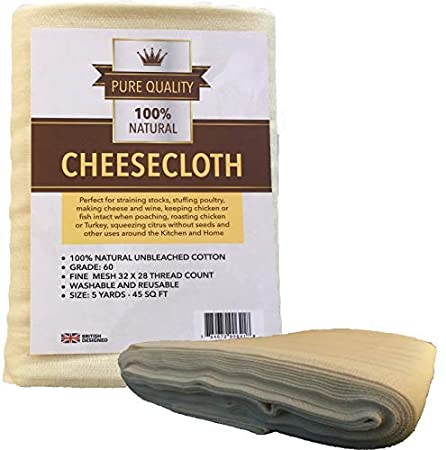 Cheesecloth - Unbleached Natural Cotton Cloth - Best Grade 60 for Cooking Food, Making Cheese, Straining Nut Milks, Basting Turkey - 5 Sq Yards from Pure Quality - Washable and Reusable Strainer