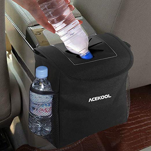 Acekool Car Trash Can with Lid and Storage Pockets,100% Leak Proof Car Trash Container Car Garbage Bag Hanging for Headrest/Gearshift/Center Console(5 PCS Garbage Bags Included)
