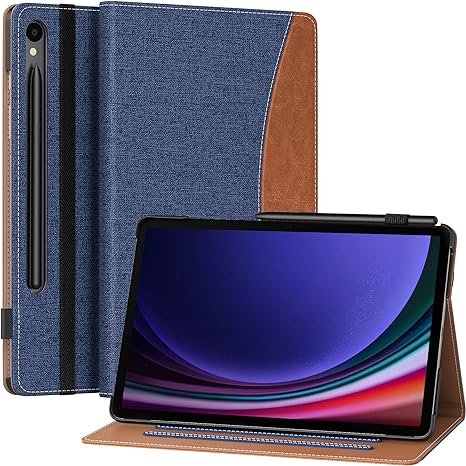 MoKo Case for Samsung Galaxy Tab S9 11-Inch 2023 (SM-X710/716B/718U) with S-Pen Holder, Hand Strap, Pocket, Multi-Angle Viewing Folding Stand Folio Cover Case for Galaxy Tab S9 2023, Denim Blue&Brown