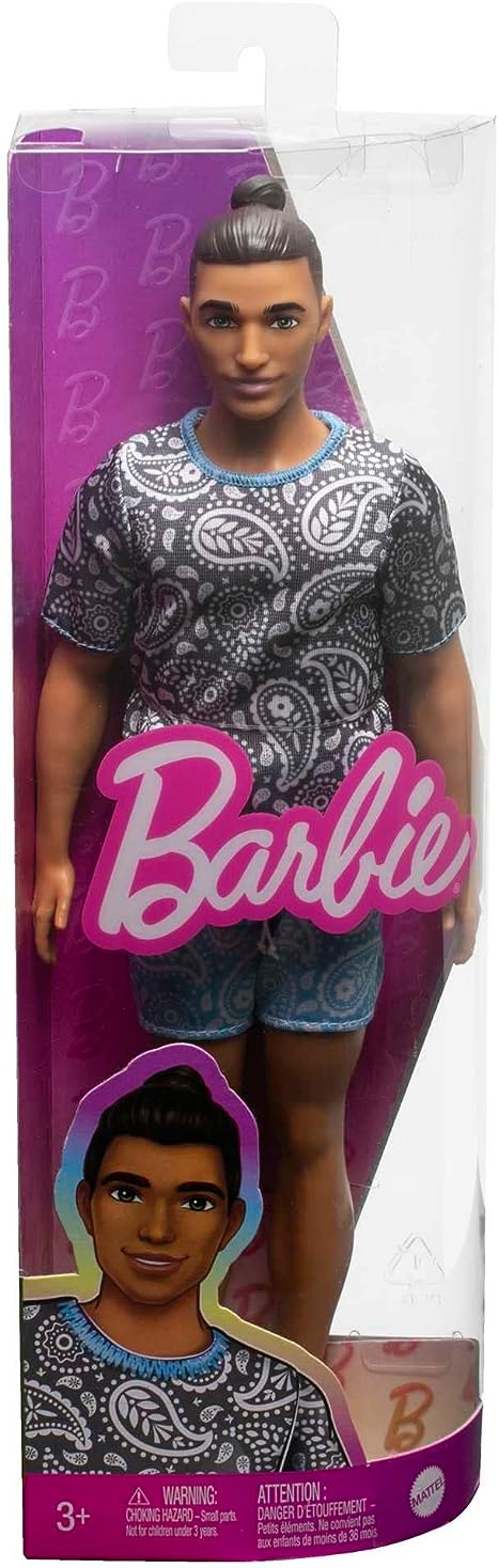 Barbie Ken Doll, Kids Toys, Fashionistas, Brown Hair in Bun, Paisley Tee and Shorts, Clothes and Accessories