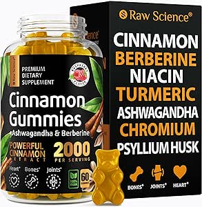 Cinnamon Gummies - Blood Support - Ceylon Cinnamon & Cinnamon Bark 2000MG Blend Supplements, Berberine, Turmeric, Gymnema Sylvestre, Bitter Melon, Psyllium Husk, Chromium - 60 Gummies