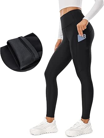 CRZ YOGA Thermal Fleece Lined Leggings Women 28'' - Winter Warm High Waisted Hiking Pants with Pockets Workout Running Tights