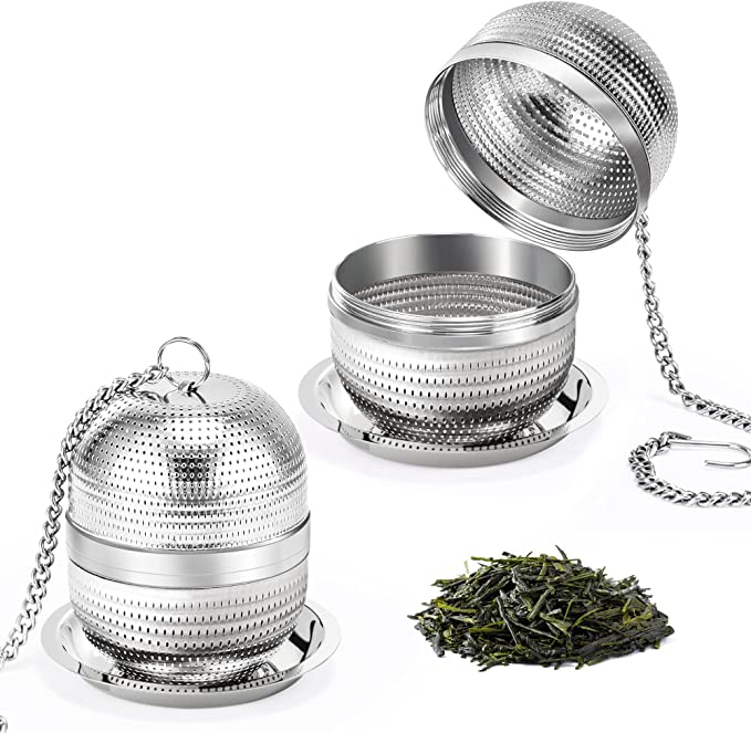 Yoassi 2 Pack Tea Infusers for Loose Tea, Extra Fine Mesh 18/8 Stainless Steel Tea Strainers, Loose Leaf Tea Steeper Tea Ball Tea Diffuser Tea Holder with Extended Chain Hook and Drip Tray