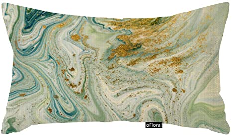 oFloral Throw Pillow Cover Watercolor Marbled Blue Green and Golden Abstract Liquid Marble Pattern Gold Ink Decorative Pillow Case Home Decor Rectangle 12x20 Inches Pillowcase