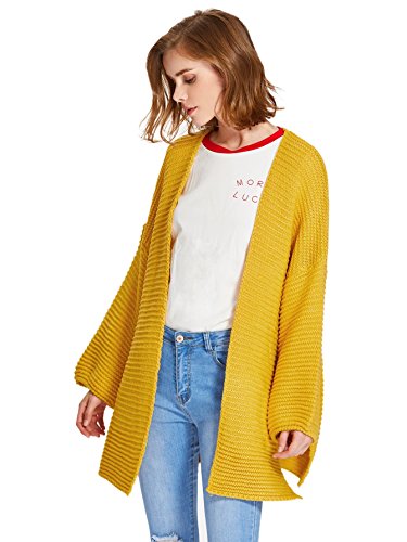 ROMWE Women's Open Front Drop Shoulder Lantern Sleeve Side Slits Sweater Loose Cardigan