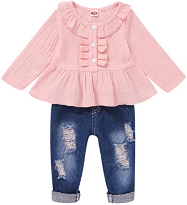 Toddler Baby Girl Outfits Ruffle Sleeve Linen Shirt Cute Ripped Jeans Kids Denim Pants Set Infant Baby Clothes Girl