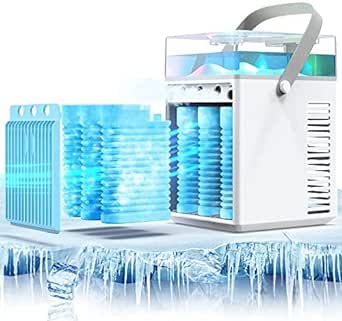 Portable Air Conditioner Fan, Rechargeable 4-IN-1 Personal Mini Cooler Humidifier, 3-Speed Evaporative Air Cooler with 7 Color Lights, Cordless AC Desktop Spray Fan, Quiet Desktop Cooling Fan