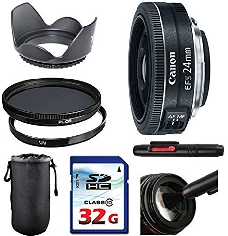 Canon EF-S 24mm f/2.8 STM Lens Bundle   UV Filter   Polarizer Filter   2 In 1 Lens Cleaning Pen   High Speed 32GB Memory Card   Tulip Hood   Deluxe Lens Case