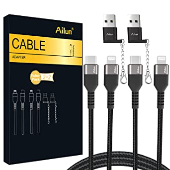 Ailun USB C to Lightning Cable 2Pack [6ft MFi Certified] Cord for iPhone 12 Pro Max/12/11 Pro/X/XS/XR/8 Plus/AirPods Pro ipad iPod MacBook and USB C Female to USB A Male Adapter with Keychain 2Pack