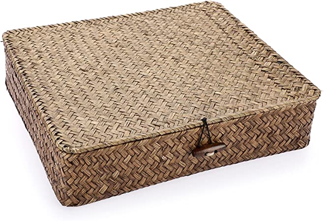 Hipiwe Seagrass Storage Basket Bins with Lid Flat Woven Wicker Basket Box Multipurpose Household Basket Bins Boxes for Shelf Wardrobe Organizer, Coffee Large