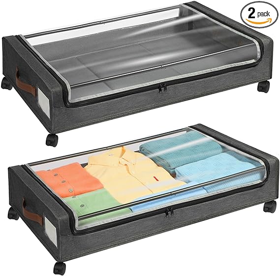 Yecaye Under Bed Storage with Wheels,2Pack Under Bed Storage Containers,Under Bed Shoe Storage Organizer with Clear Window&Label,Rolling Under Bed Storage Metal Drawer for Clothes,Shoes,Toys,Blankets