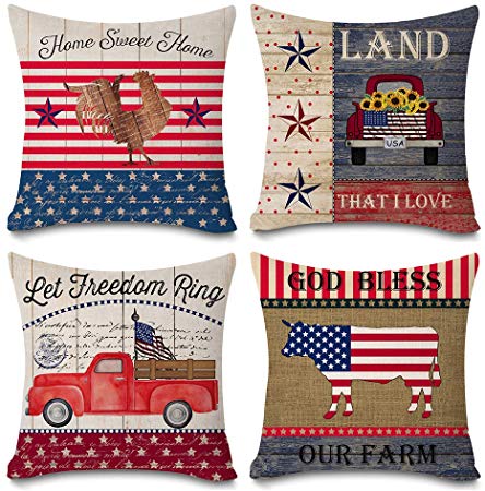Faromily Vintage Wood Patriotic Truck with American Flag Pillow Covers Independence Day Farmhouse Animal Rooster Cotton Linen Throw Pillow Case Cushion Cover 18" X 18" Set of 4 (Independence Day Flag)