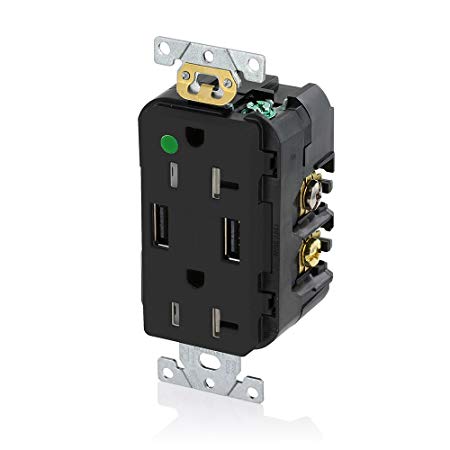 Leviton T5832-HGE 20-Amp Hospital Grade USB Charger/Tamper-Resistant Duplex Receptacle, Black