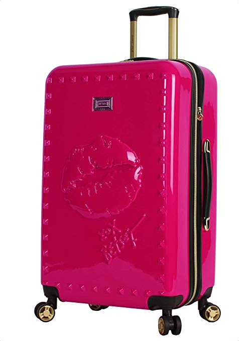 Betsey Johnson 26 Inch Checked Luggage Collection - Expandable Scratch Resistant (ABS   PC) Hardside Suitcase - Designer Lightweight Bag with 8-Rolling Spinner Wheels (26in, Lip Red)