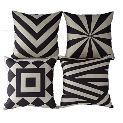 Monkeysell .4 Pcs Black and Beige Stripe Vintage Style Cotton Linen Sofa Home Decor Design Throw Pillow Case Cushion Covers Square 18 Inch (4 Pcs Black and Beige-2)
