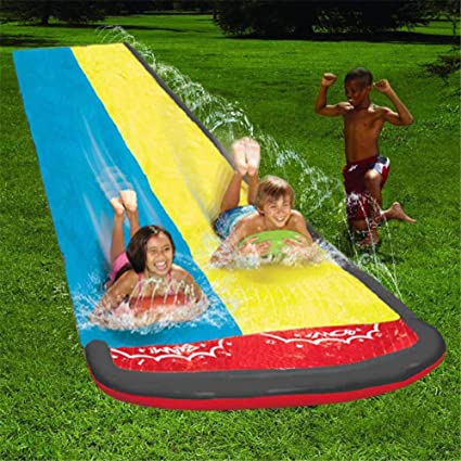 Inflatable Water Slides Double Track, Large Backyard Waterslide, Built In Sprinkler, Sprinkler Pad For Kids, Splash Play Mat For Boys And Girls, Play In The Garden, Backyard, Lawn, 20ft