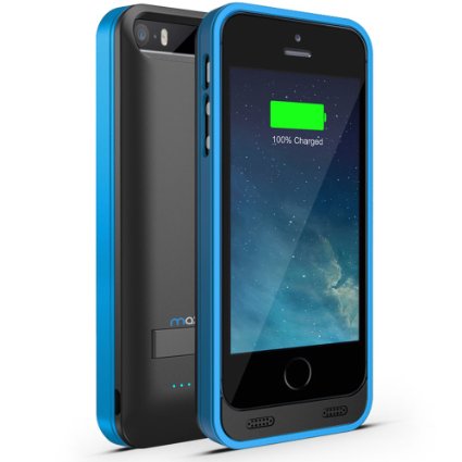 iPhone 5 Battery Case , Maxboost Atomic S iPhone Charger For Apple iPhone 5 / iPhone 5s [APPLE MFI Certified] Protective 2400mAh Battery Pack Juice Power Case with Built-in Kickstand - Black/Blue
