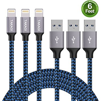 Lightning Cable，TAKAGI 3PACK 6FT iPhone Cable Nylon Braided Lightning Connector to Data Syncing Cord Compatible with and Fast Charging Cable for iPhone 7/7plus/6plus/6s/6s /5/5s/SE, iPad (Blue)