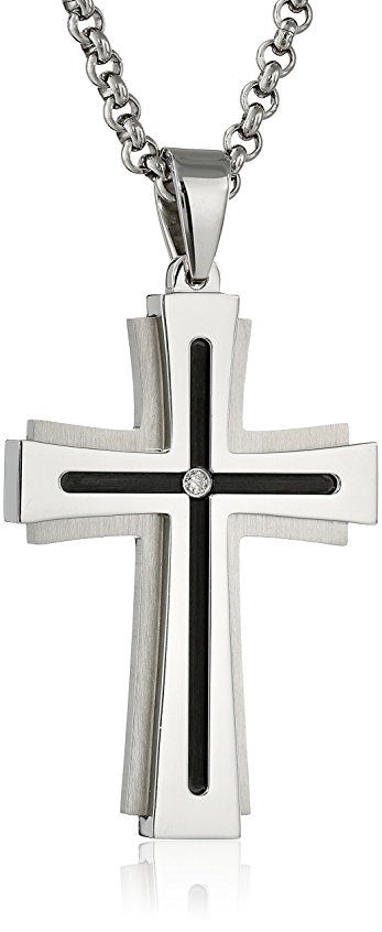 Men's 0.03 Ctw Stainless Steel Stacked Cross Pendant Necklace, 24"