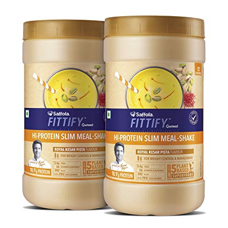 Saffola FITTIFY Gourmet Hi-Protein Slim Meal Shake - Royal Kesar Pista, 420 gm, 12 servings - Meal Replacement Shake with 5 superfoods, Buy 1 Get 1 Free