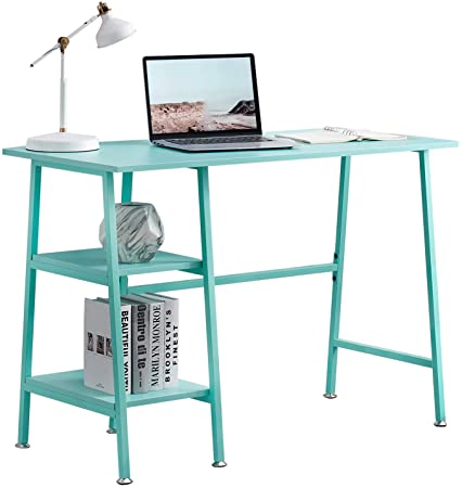 VECELO Computer Storage 43" Workstation Study Desk Writing Table with 2 Tier Shelves for Office and Home,Blue