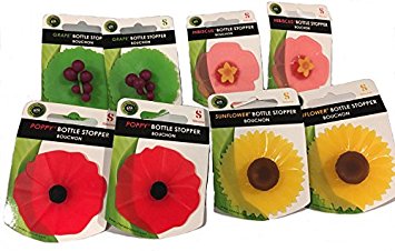 Charles Viancin, Floral Bottle Stopper: Hibiscus, Sunflower, Poppy, Grape, Set of 8 …